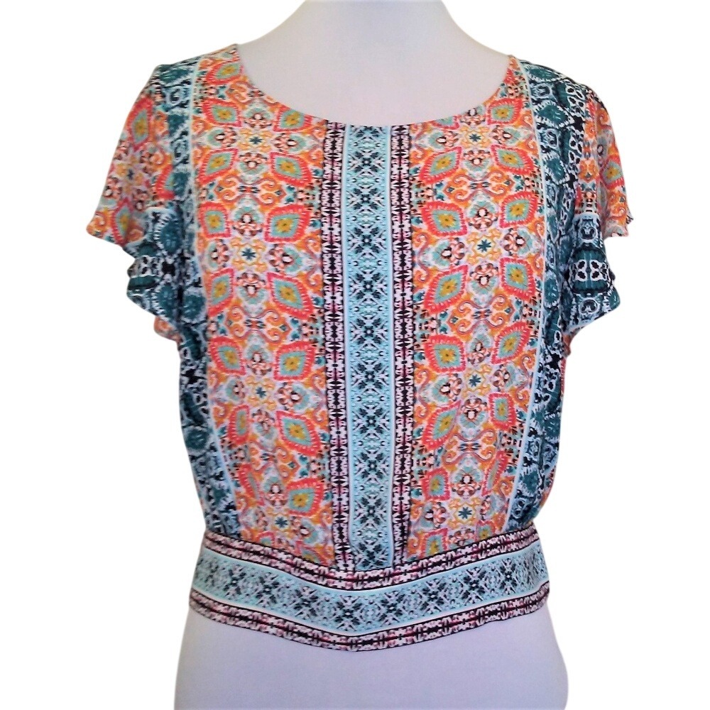 By‎ & By Womens Boho Medallion Print Tie Back Crop Top Orange Teal Size Large